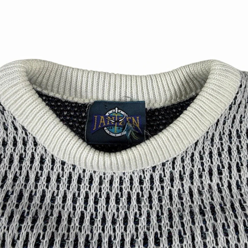 VTG 80s Jantzen Layered Sweater Grandpa White Blue Green Preppy Sz S/M Geometric